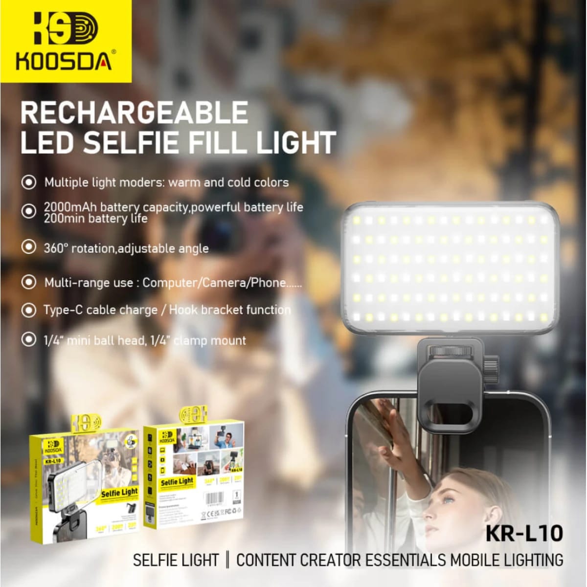 KOOSDA KR-L10 Portable Selfie Light with USB Rechargeable Battery and Adjustable Brightness