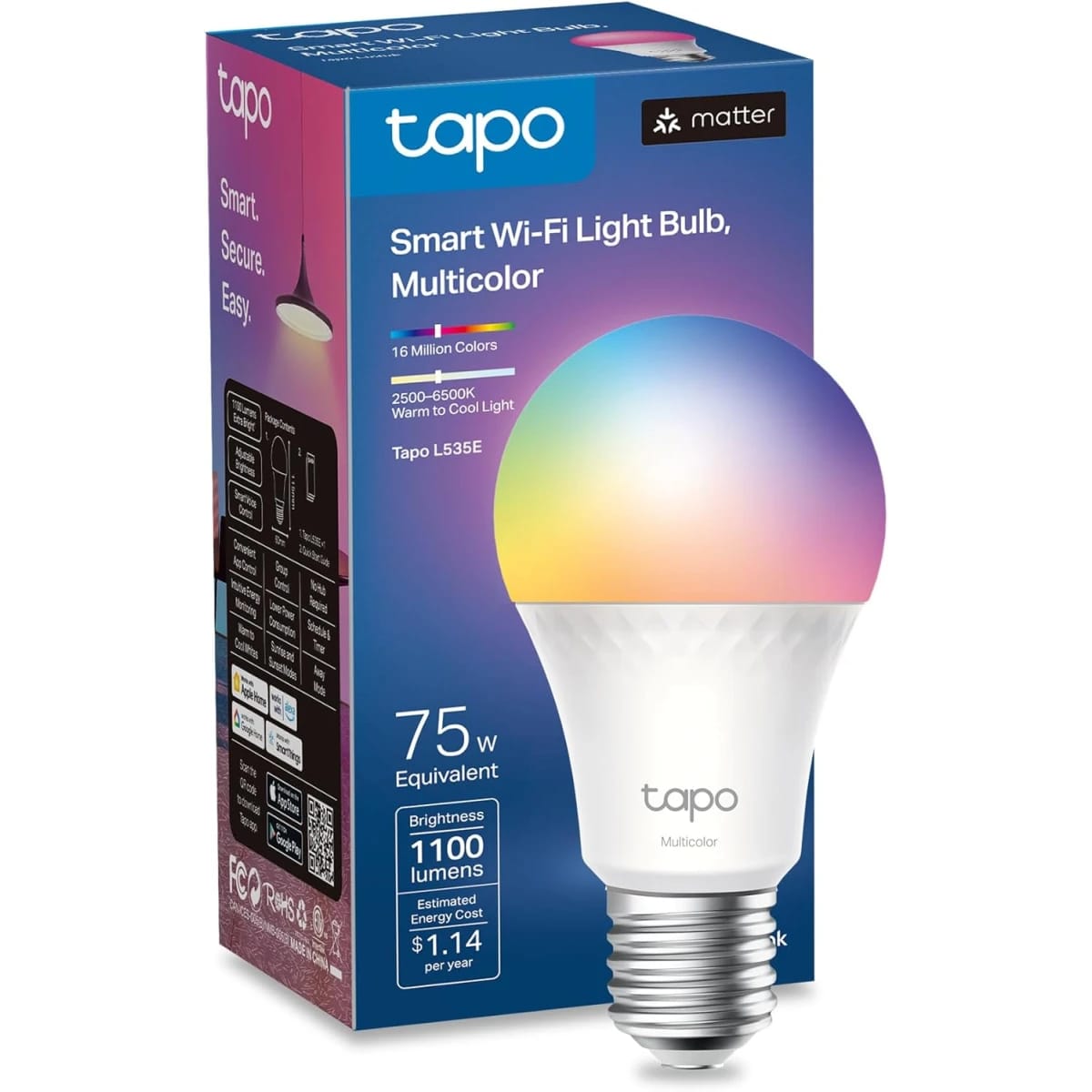 TP-Link Tapo L535E Smart Light Bulbs, 1100 Lumens High Brightness, RGBW, Voice Control