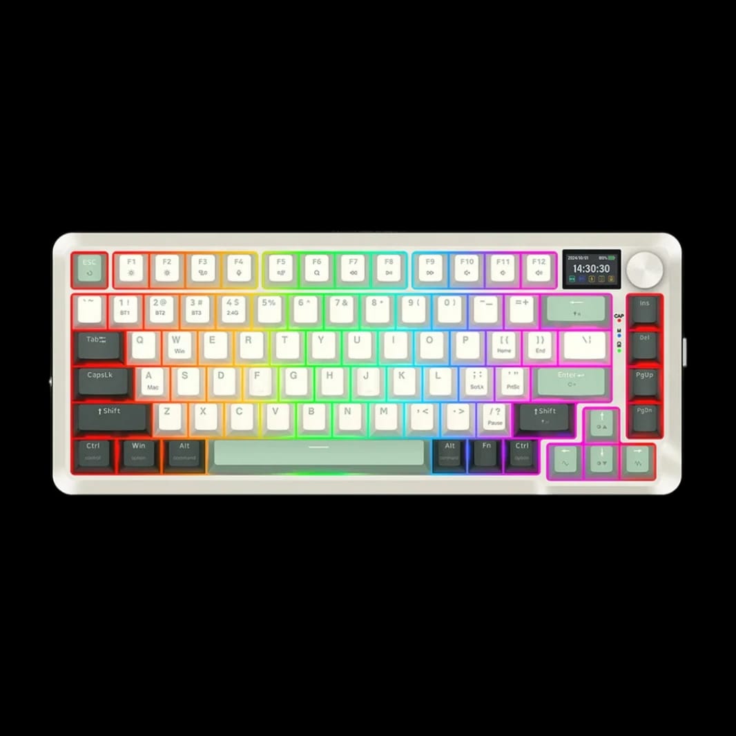 لوحة مفاتيح الألعاب الميكانيكية اللاسلكية Redragon K708 Pro - بإضاءة خلفية RGB، 81 مفتاحًا قابلًا للتخصيص، ذو ثلاث وضعيات، مفاتيح قابلة للتبديل، شاشة وزر تحكم - أبيض أخضر