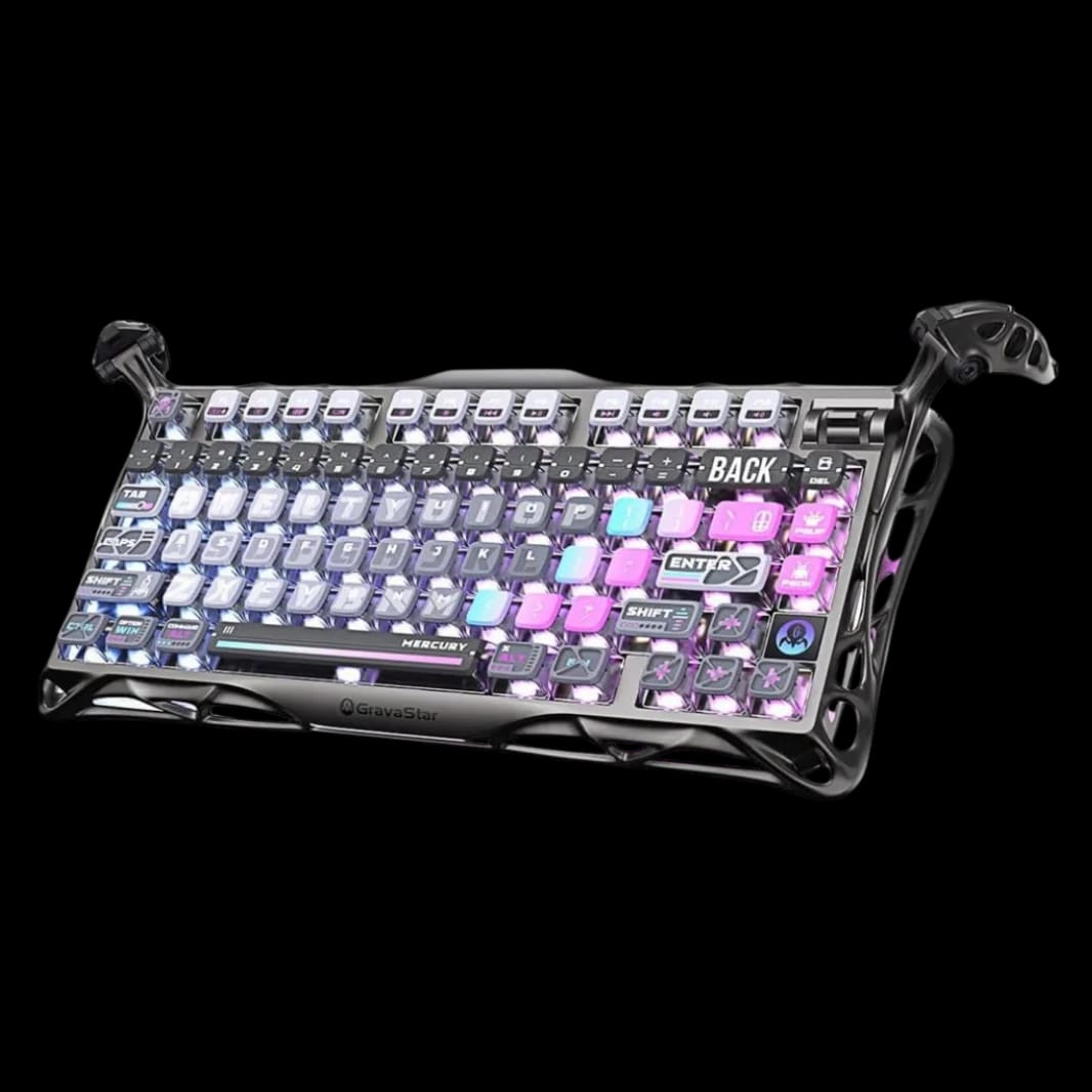 GravaStar Mercury K1 Pro لوحة مفاتيح ميكانيكية لاسلكية للألعاب، تصميم 75% RGB، لوحة مفاتيح مخصصة، إطار لامع بالكهرباء، مفاتيح قابلة للتبديل الساخن – إصدار Cyberpunk