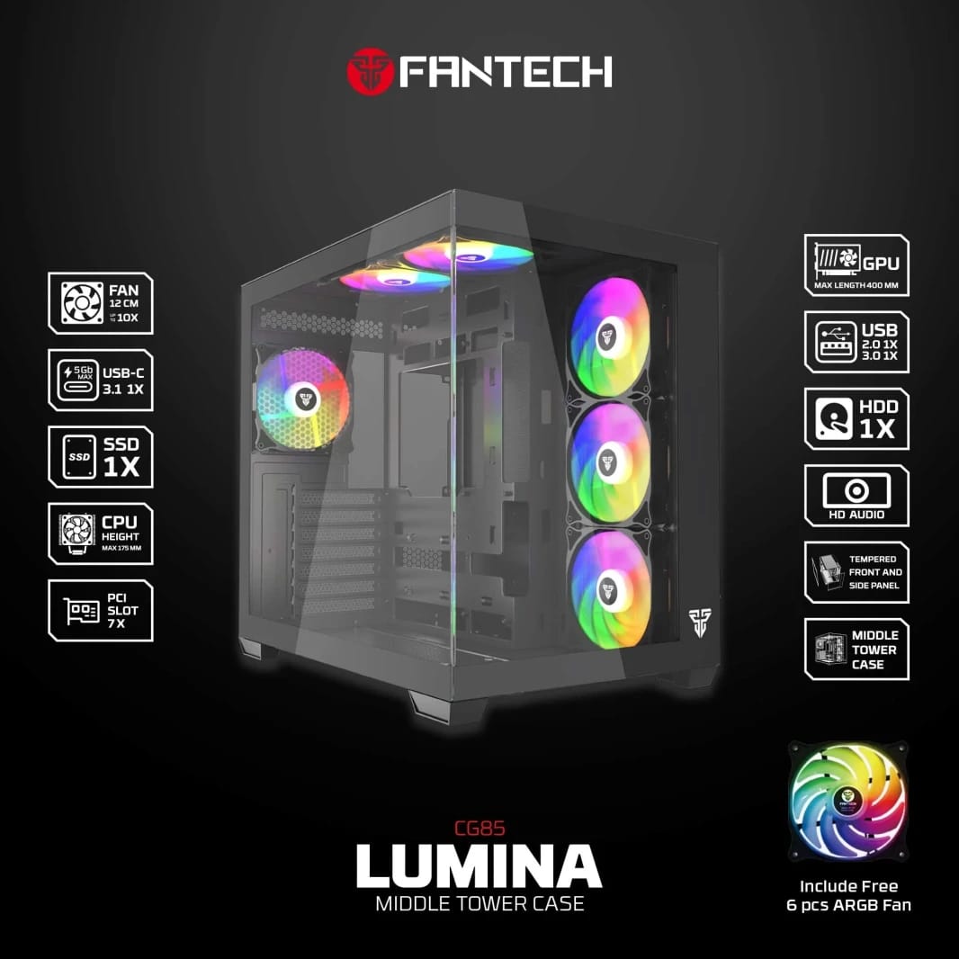 Fantech CG85 LUMINA MID Tower علبة ألعاب متوسطة الحجم - أسود
