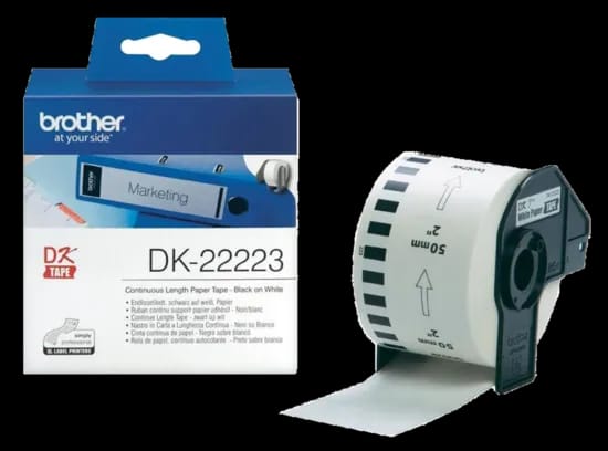 لفافة ملصقات ورقية مستمرة Brother DK-22223 أصلية – أسود على أبيض، عرض 50 مم
