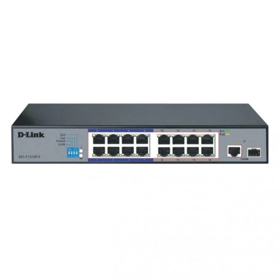 D-Link DES-F1016P-E 16-Port PoE Surveillance Switch - Long-Range 10/100