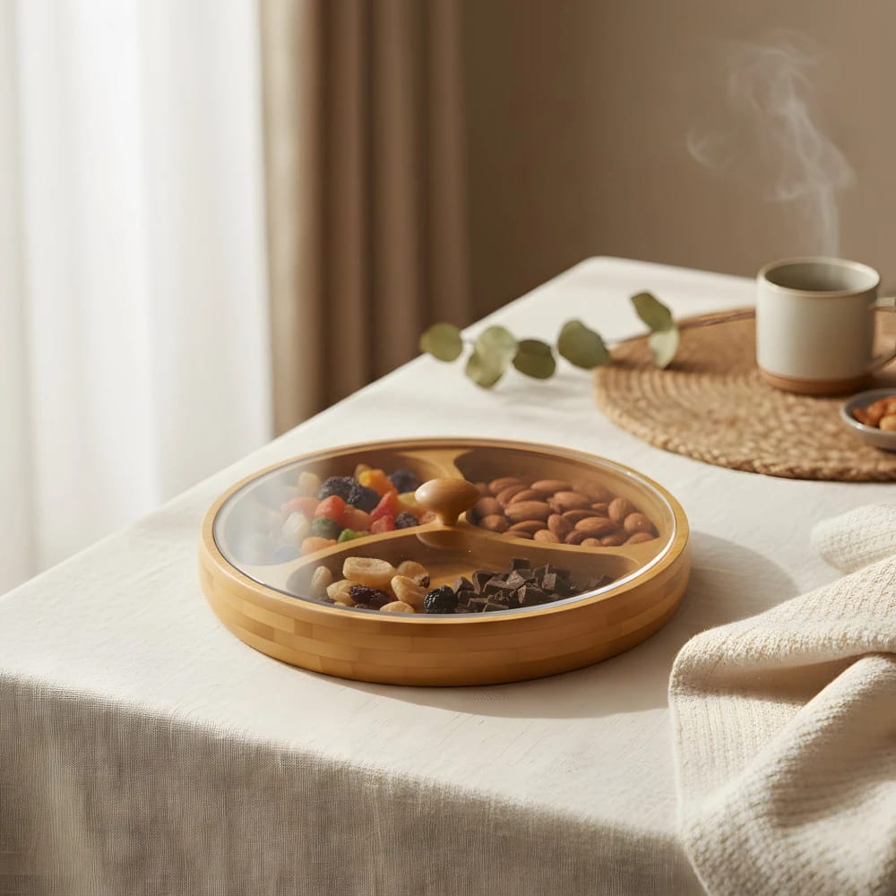 Wooden Three-Section Serving Platter with Acrylic Lid Small