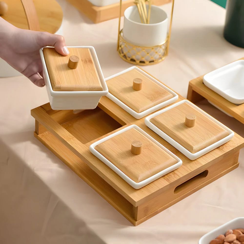 Wooden & Porcelain Serving Platter - 4 Pieces