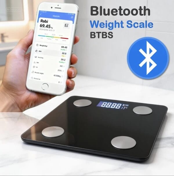 ميزان الوزن بتقنية البلوتوث | ميزان الحمام الرقمي اللاسلكي لنظامي iOS و Android | ميزان وزن البلوتوث | ميزان لدهون الجسم | إلكتروني | ميزان ذكي لتحليل مؤشر كتلة الجسم الرقمي | جهاز وزن بتقنية BIA | 180 كجم | BTBS