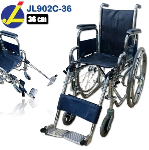 Standard Steel Wheelchair | 36 cm | Foldable | Swing-Away Adjustable Footrest | Swing-Away Adjustable Armrest | JIANLIAN JL902C-36