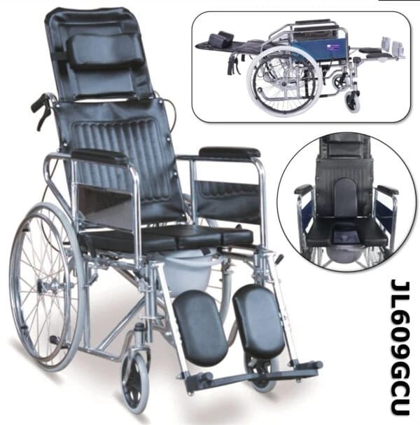 Commode + Wheelchair + Reclining (3 in 1) | Comfortable Reclining Commode Wheelchair | With “U” Seat Panel | 46 CM | JL609GCU