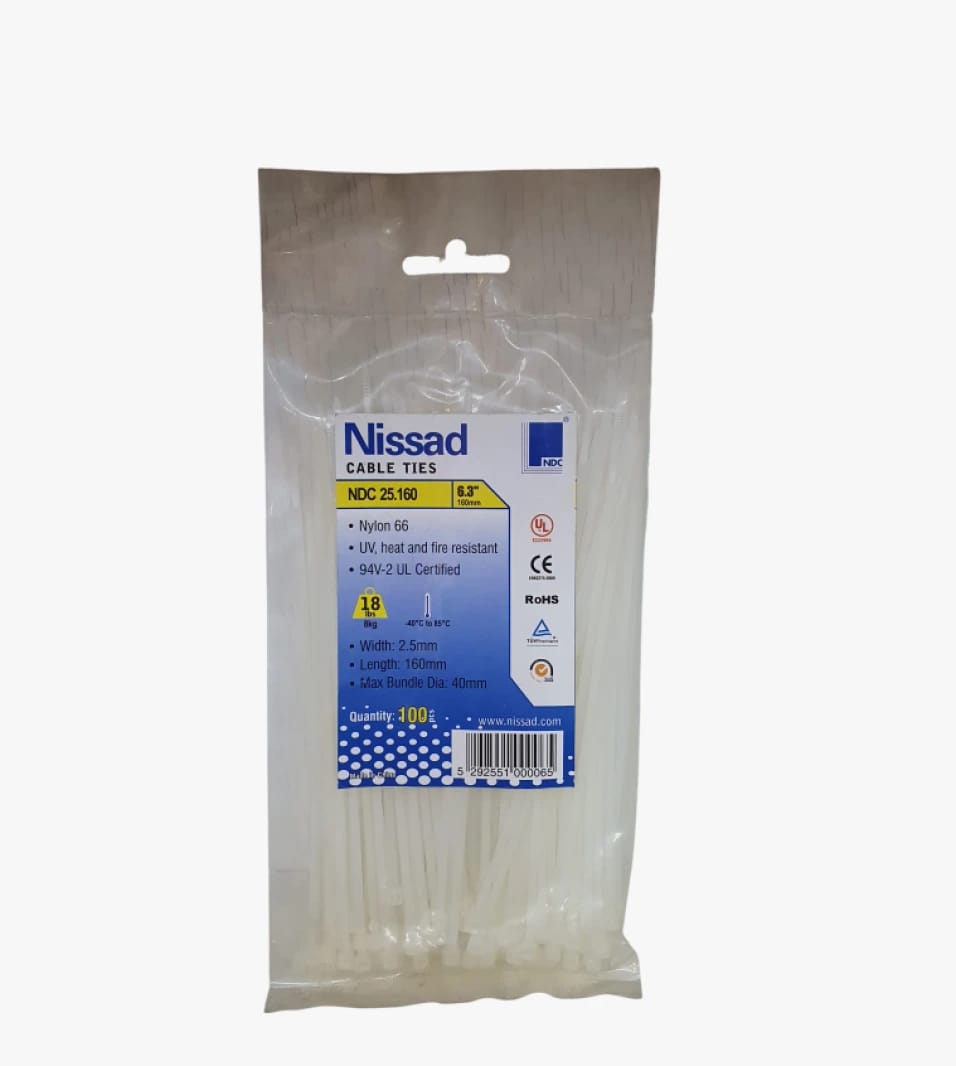 Nissad Nylon 66 Cable Ties 160mm Long for Secure and Durable Bundling for Safety-Conscious Users.