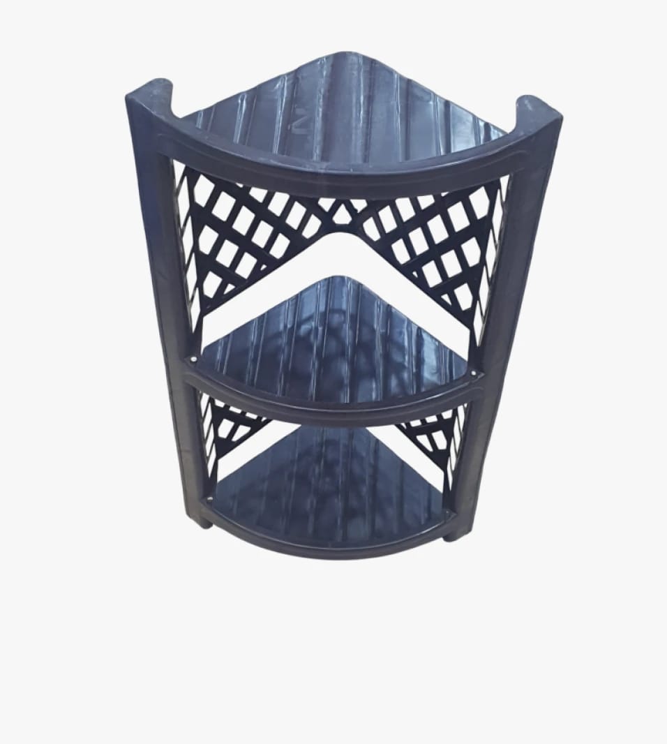 Black Plastic Tri-Shelf Corner Rack for Home and Office, Ideal for Small Spaces and Smart Organization