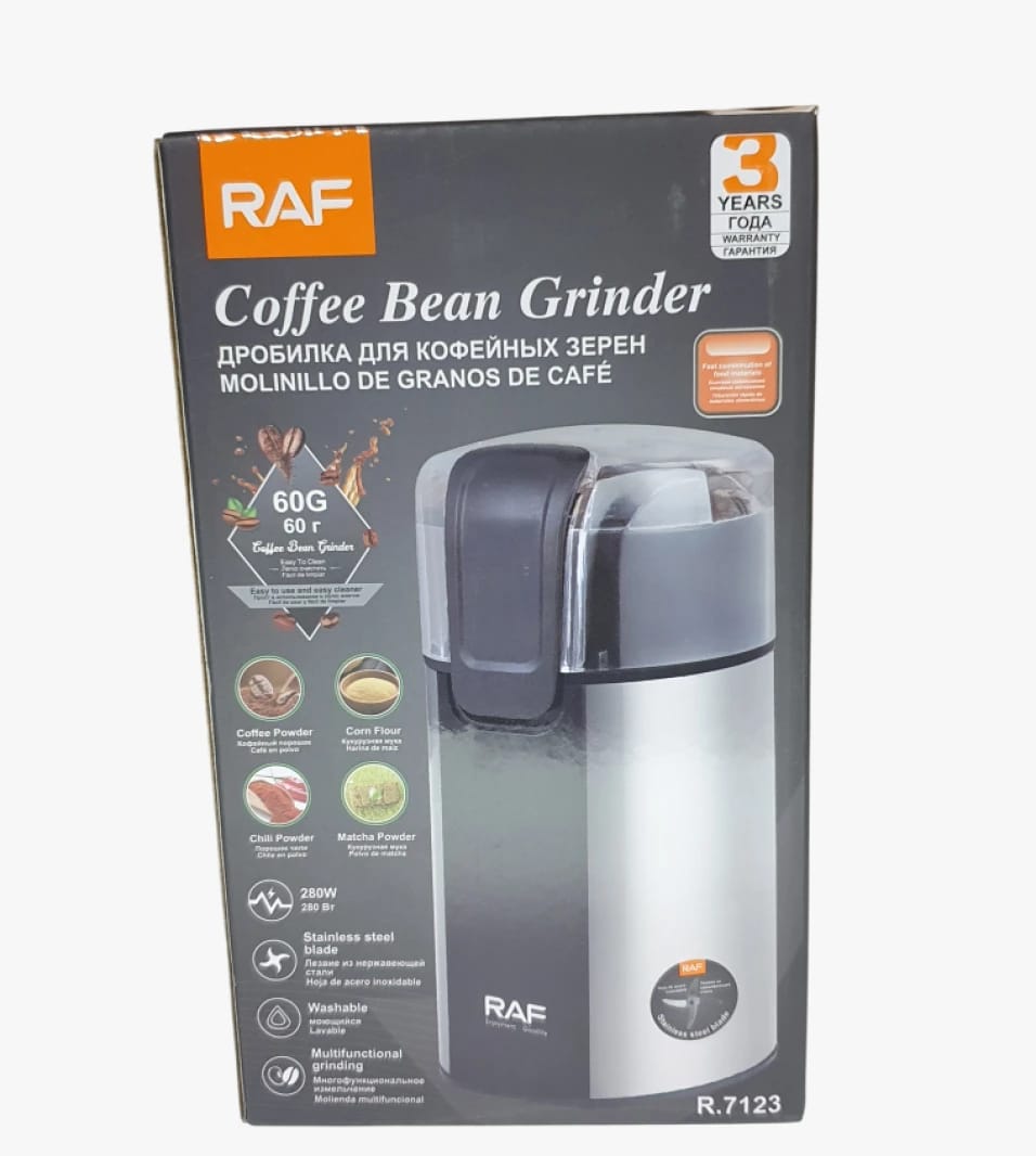 RAF Electric Coffee Bean Grinder with Sleek Design for Home Kitchens, Ideal for Coffee Lovers and Versatile Users.
