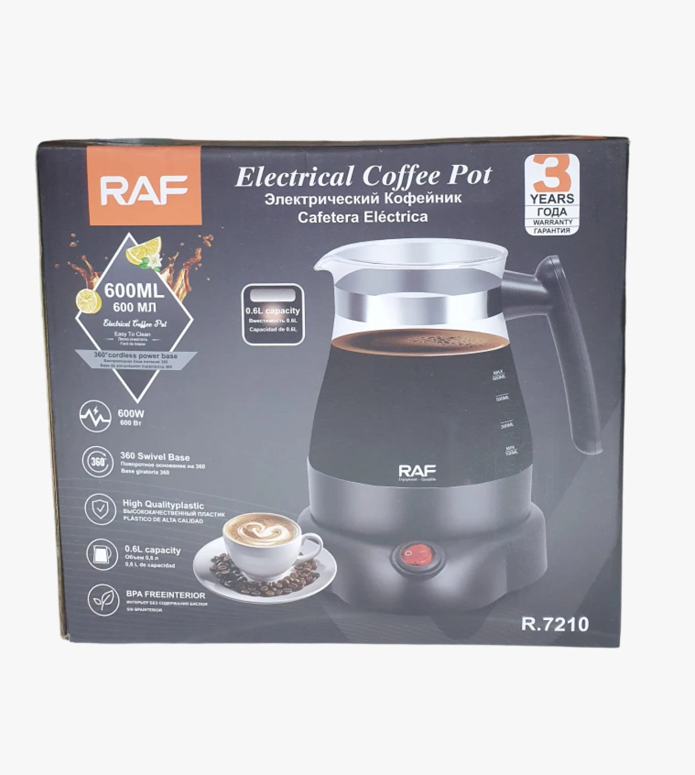RAF Electrical Coffee Pot with Sleek Design, Ideal for Modern Coffee Enthusiasts, 600ML Capacity