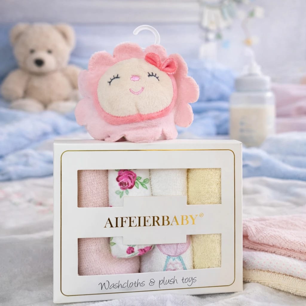 مناشف غسيل الأطفال قطن عضوي 100% – طقم 3 قطع مع لعبة قطيفة | AIFEIERBABY