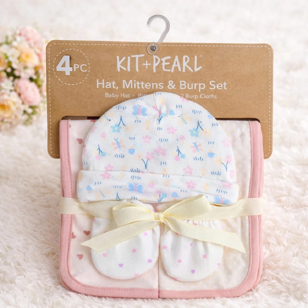 Baby Hat, Gloves, and Bibs Set, 100% Cotton (0-6 Months)