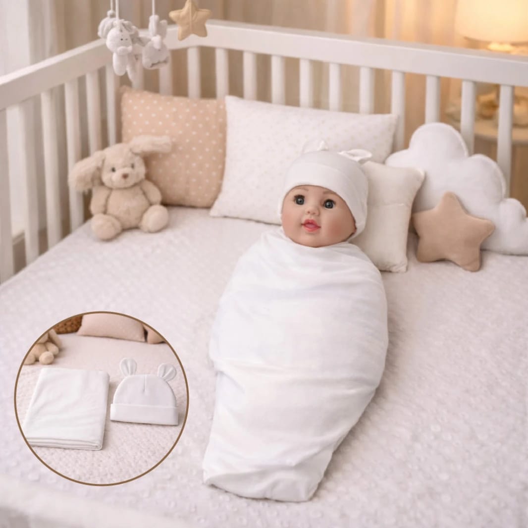 100% Organic Cotton Baby Swaddle with Cap – Newborn Wrapping Set 80×80 cm | Soft and Safe
