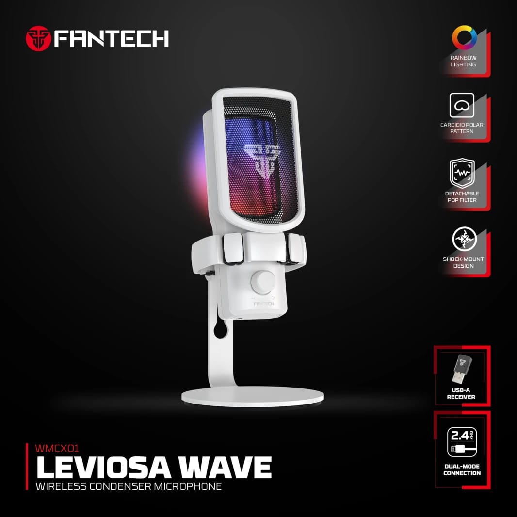 ميكروفون مكثف لاسلكي FANTECH WMCX01 LEVIOSA WAVE DUAL-MODE، أبيض