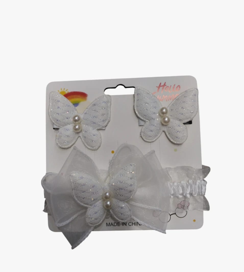 Beautiful Hair Accessories for Children with Butterfly Design and Sparkling Pearls by Brand with Clips and Boho Ribbons Set
