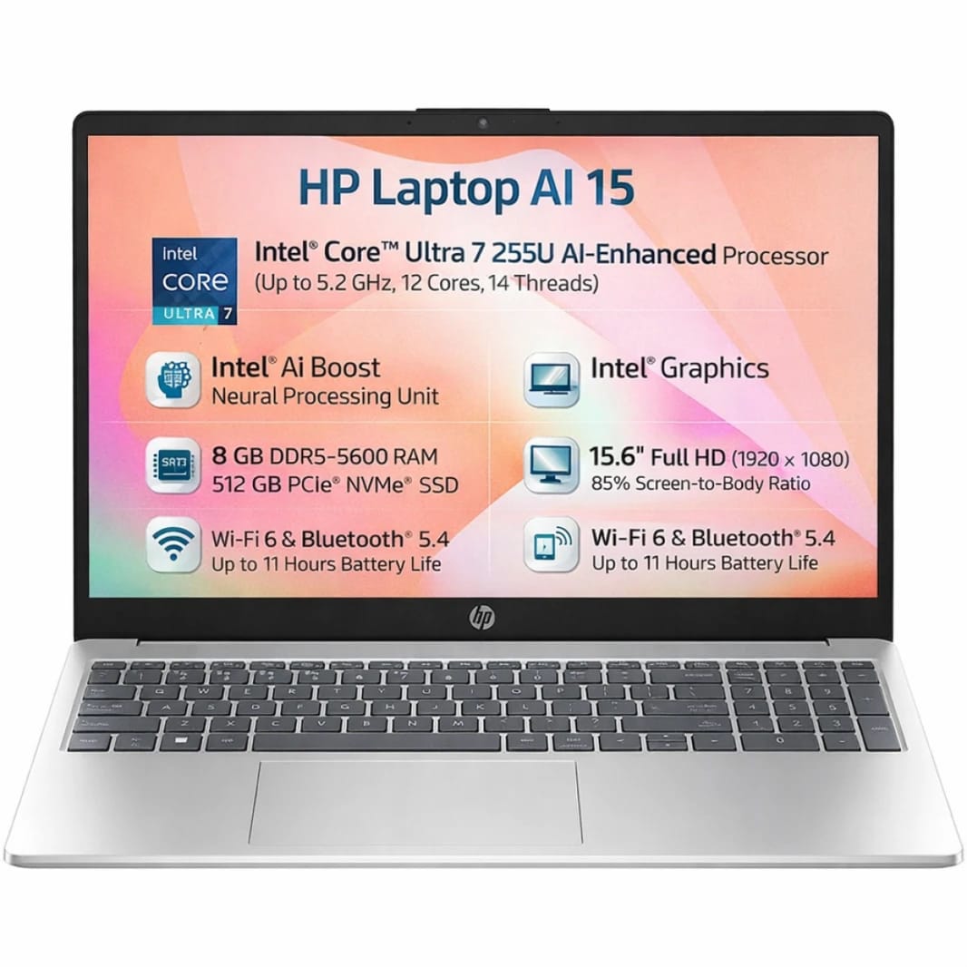 Business HP Laptop AI 15-fd2022ne, Intel Ultra 7 255U 5.2GHz, 8GB DDR5, 512GB PCIe SSD, 15.6" FHD, WiFi 6, BT 5.4 - Natural Silver