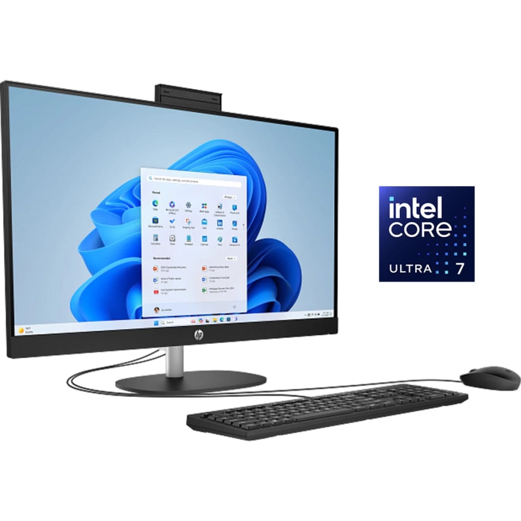 HP الكل في واحد سطح المكتب AI 27-cr2048ne AIO PC (D2LL2EA)، Intel Core Ultra 7 255U حتى 5.2GHz 12 نواة، 8GB DDR5 (قابل للتطوير)، 512GB SSD، 27" FHD IPS، Wi-Fi 6، BT 5.4، مع لوحة مفاتيح وفأرة - أسود نفاث