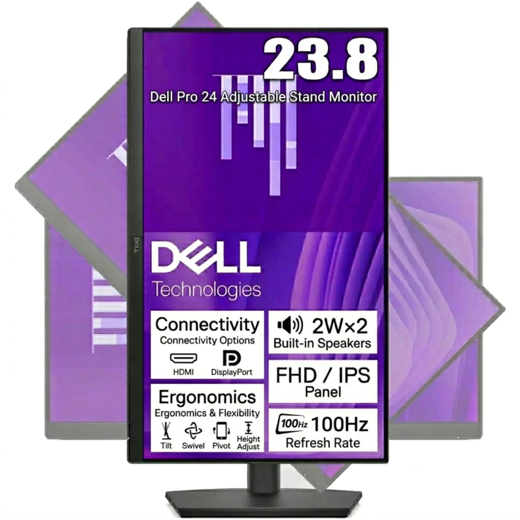 Dell Pro 24 Adjustable Monitor - E2425HSM | 23.8" FHD IPS | 100Hz Refresh Rate | Built-in 2W Speakers | Full Ergonomic Stand