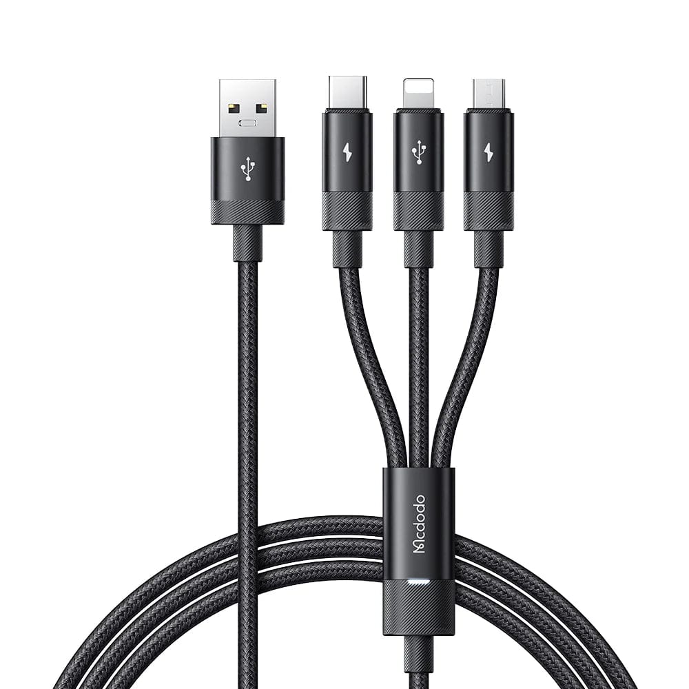 Mcdodo 3 in 1 Nylon Braided Cable with LED 1.2m - Black