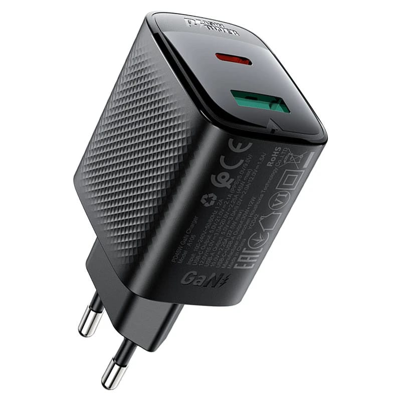 شاحن حائط ACEFAST A106 PD45W GaN بمنفذين USB-C + USB-A (الاتحاد الأوروبي)