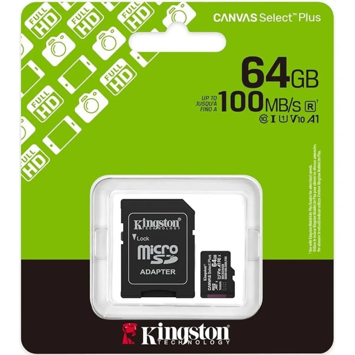 بطاقة Kingston SDCS3/64GB Canvas Select Plus microSDXC تصل سرعتها إلى 100 ميجابايت/ثانية فئة A1 فئة 10 UHS-I مع محول