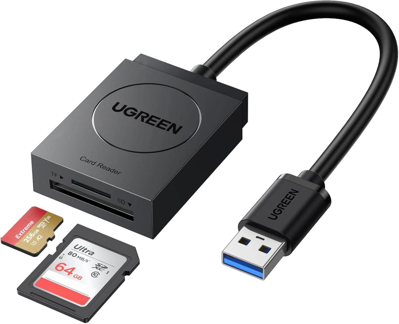 قارئ بطاقات UGREEN USB 3.0 مزدوج SD/TF مع كابل 6 إنش