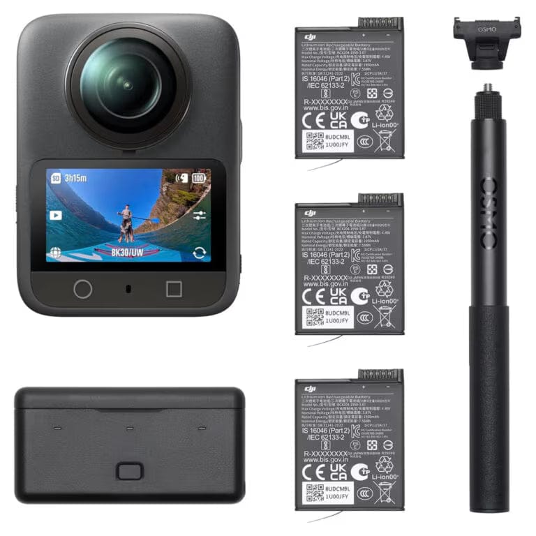 دي جي آي أوزمو 360 أدفنتشر كومبو – كاميرا أكشن 8K 360°، مستشعر 1 بوصة، 120 ميجابكسل، صوت 4 ميكروفونات، 3 بطاريات