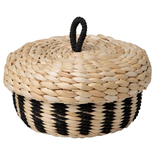Box with lid, banana fibre/black stripe pattern