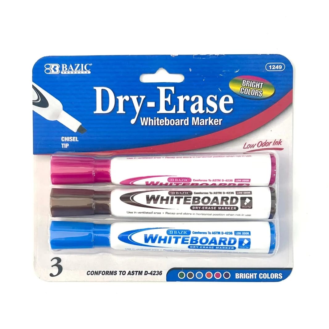 Bazic Dry Erase Whiteboard Markers Chisel Tip Bright Colors Pink, Brown, Blue - Pack of 3