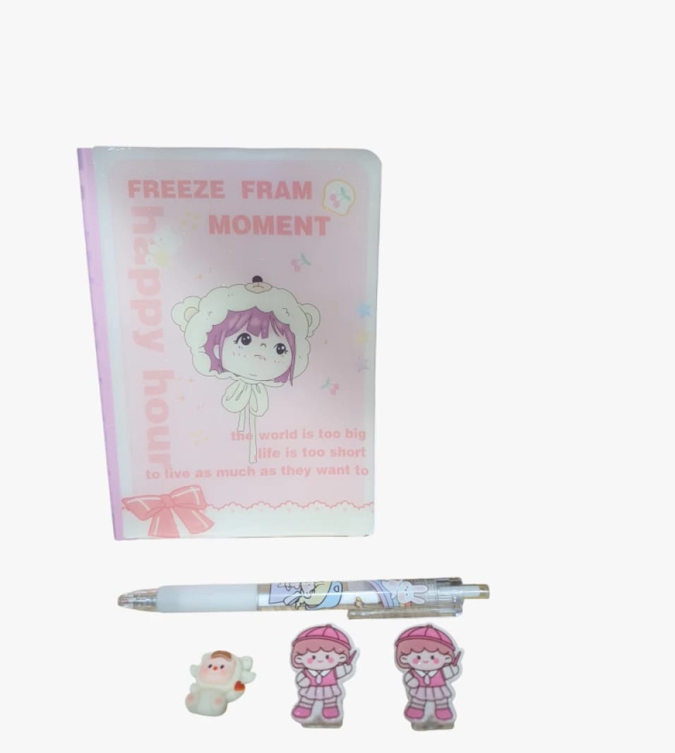 Freeze Moment Children's Notebook, Pink Cover with Cartoon Character, Set with Pen and Pins for Boys and Girls