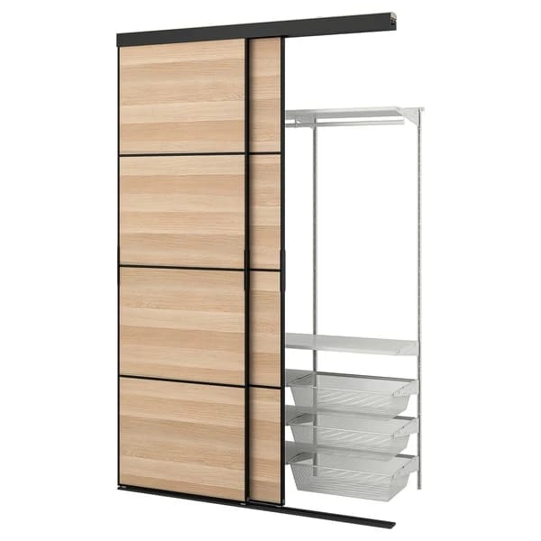 Integrated Wardrobe with Sliding Doors, Black and White Wood Effect, Perfect for Modern Urban Spaces and Style Enthusiasts