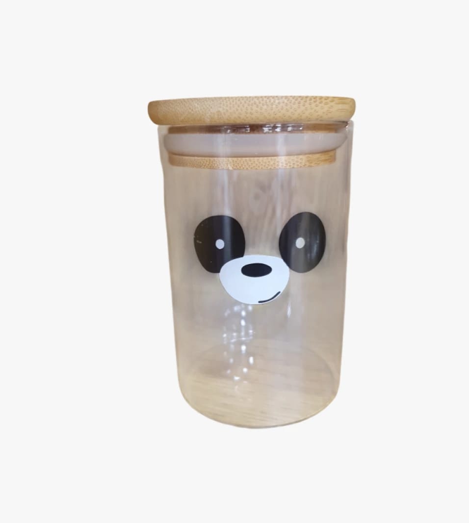 Panda Brand Glass Jar with Wooden Lid for Kids, Featuring Cute Bear Design Ideal for Room Decor and Fun.