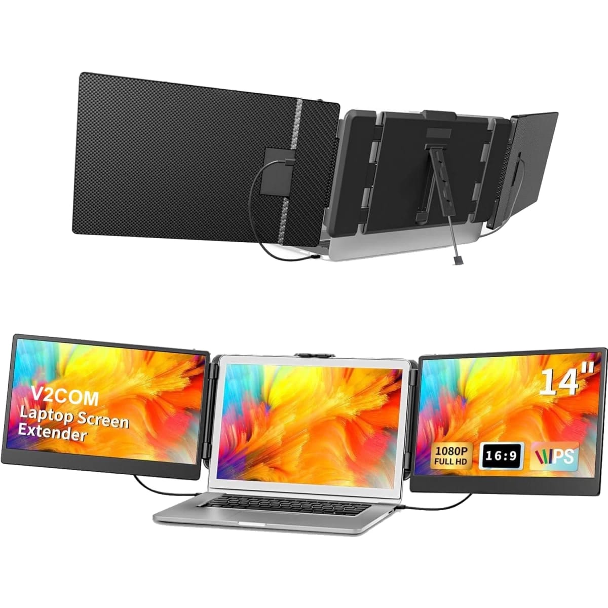 V2COM S2 14" IPS Full HD Triple Screen Extender Portable Monitor for Laptops 13-17.3" with HDMI/USB-A/Type-C Port Built-In Speakers