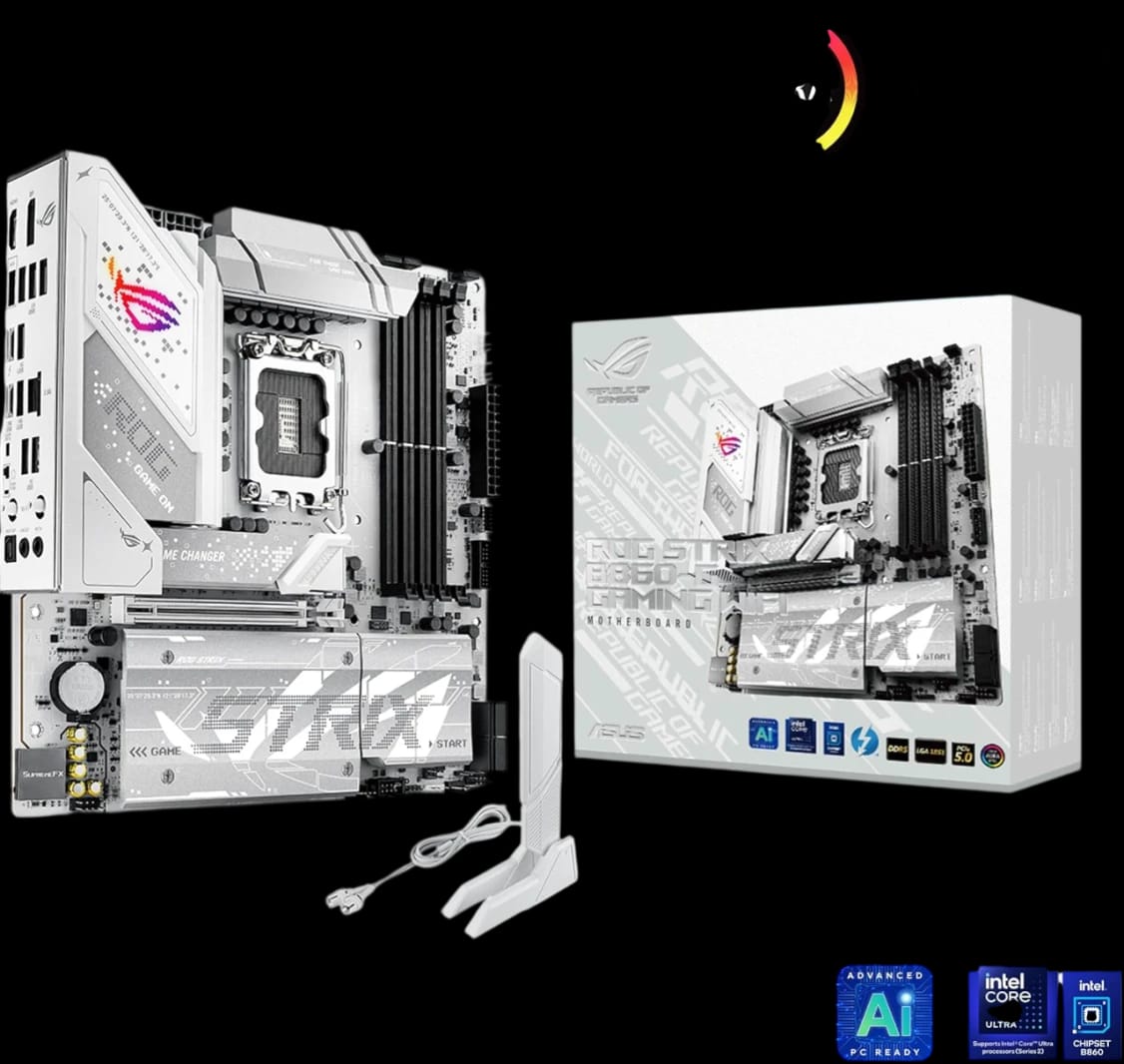 اللوحة الأم ASUS ROG Strix B860-G Gaming WiFi mATX، جاهزة للذكاء الاصطناعي المتقدم، مراحل طاقة 14+1+2+1، منافذ DDR5، PCIe 5.0، أربع فتحات M.2، WiFi 7، شبكة AI Networking II، إضاءة Aura Sync RGB