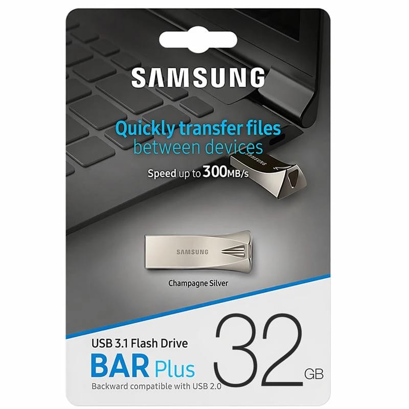 سامسونج 32GB BAR Plus (معدني) USB 3.1 محرك فلاش، سرعة تصل إلى 300MB/s فضي