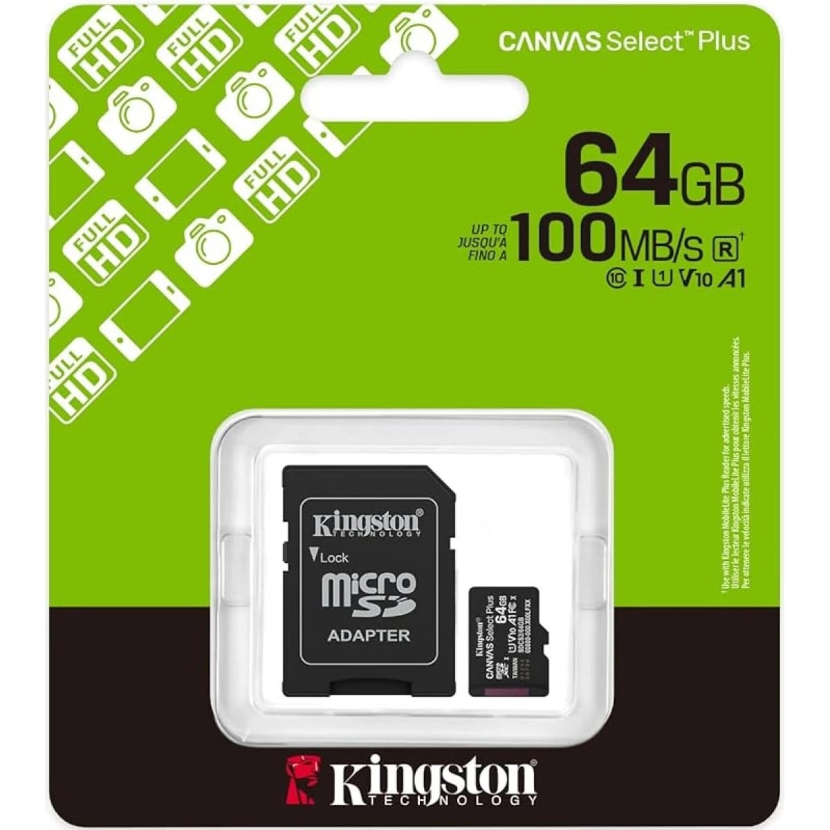 بطاقة Kingston SDCS3/64GB Canvas Select Plus microSDXC تصل إلى 100MB/s فئة A1 UHS-I مع محول