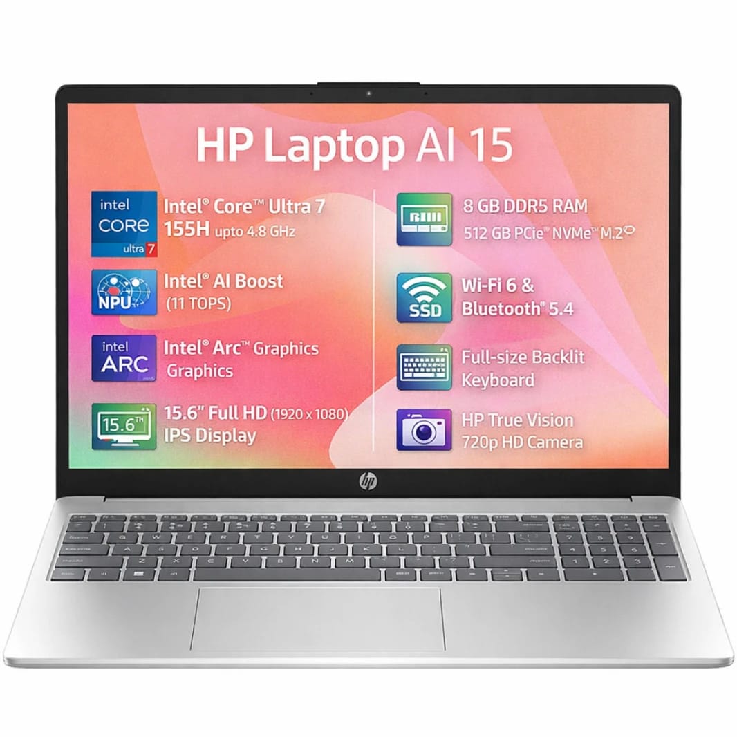 HP AI Business Laptop 15-fd1062ne, Intel Ultra 7 155H 4.8GHz 16 Cores, Intel Arc Graphics, 16GB (Customized) DDR5, 512GB PCIe SSD, 15.6" FHD, WiFi 6, BT 5.4 - Natural Silver