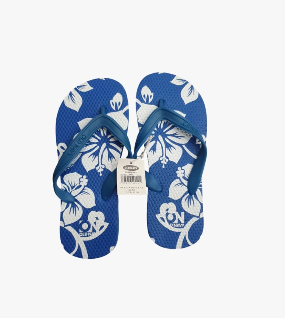 Old Navy Kids Blue Flip-Flops with Stylish Tropical Floral Design for Everyday Comfort and Style.