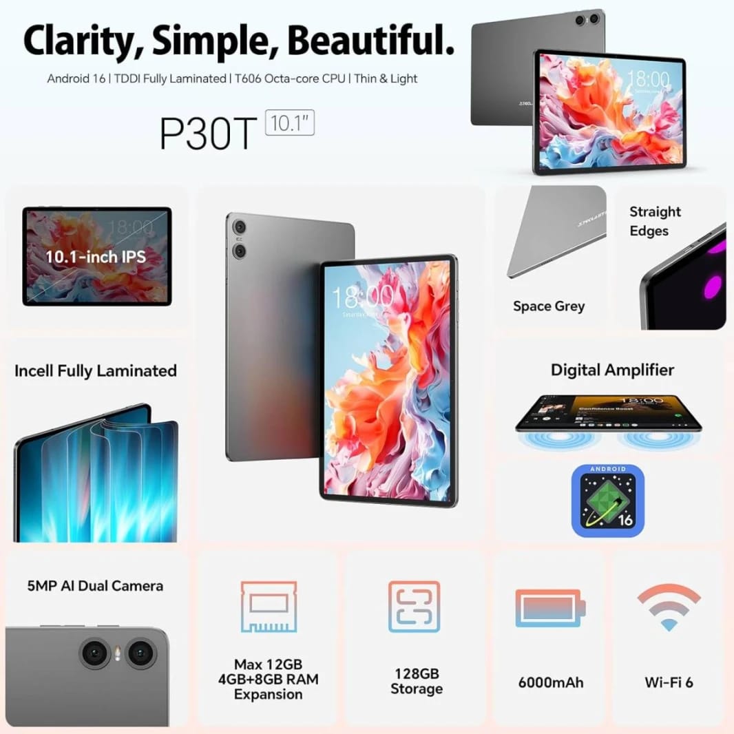 TECLAST P30T Android 15 Tablet 10.1 Inch, 12GB RAM, 128GB ROM, Octa-Core