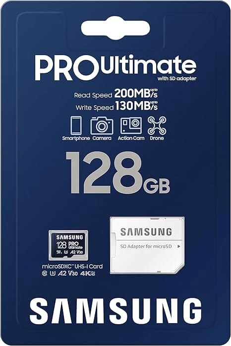 Samsung PRO Ultimate microSD Memory Card + Adapter, 128GB microSDXC, Up to 200 MB/s, 4K UHD, UHS-I, Class 10, U3,V30, A2 for GoPRO Action Cam, DJI Drone, Gaming, Phones, Tablets, MB-MY128SA/AM