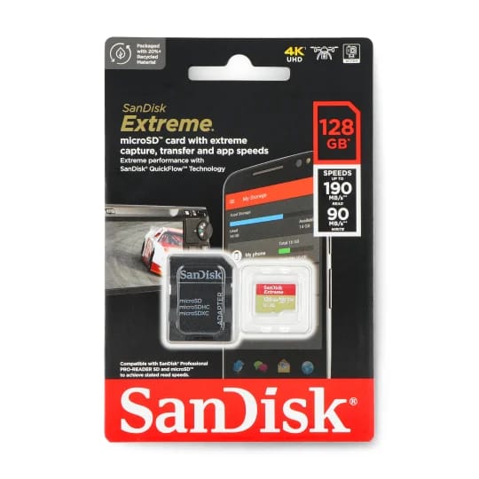 SanDisk 128GB Extreme microSDXC UHS-I Memory Card with Adapter – Up to 190MB/s, C10, U3, V30, 4K, 5K, A2, Micro SD Card