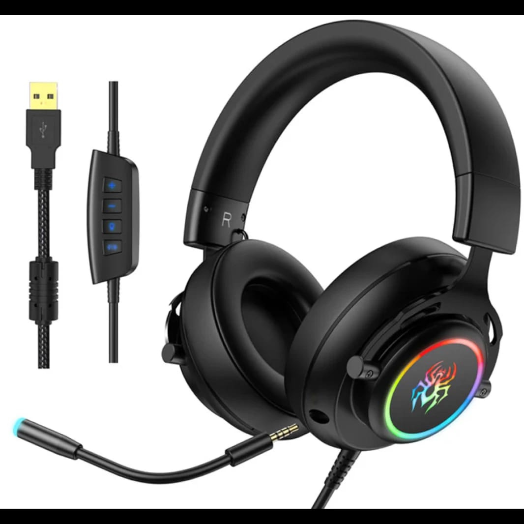 Abingo G60 Gaming Headset – Virtual 7.1 Surround Sound, 50mm Drivers, RGB LED Lighting, Detachable Mic, USB Gold-Plated Connector – Black
