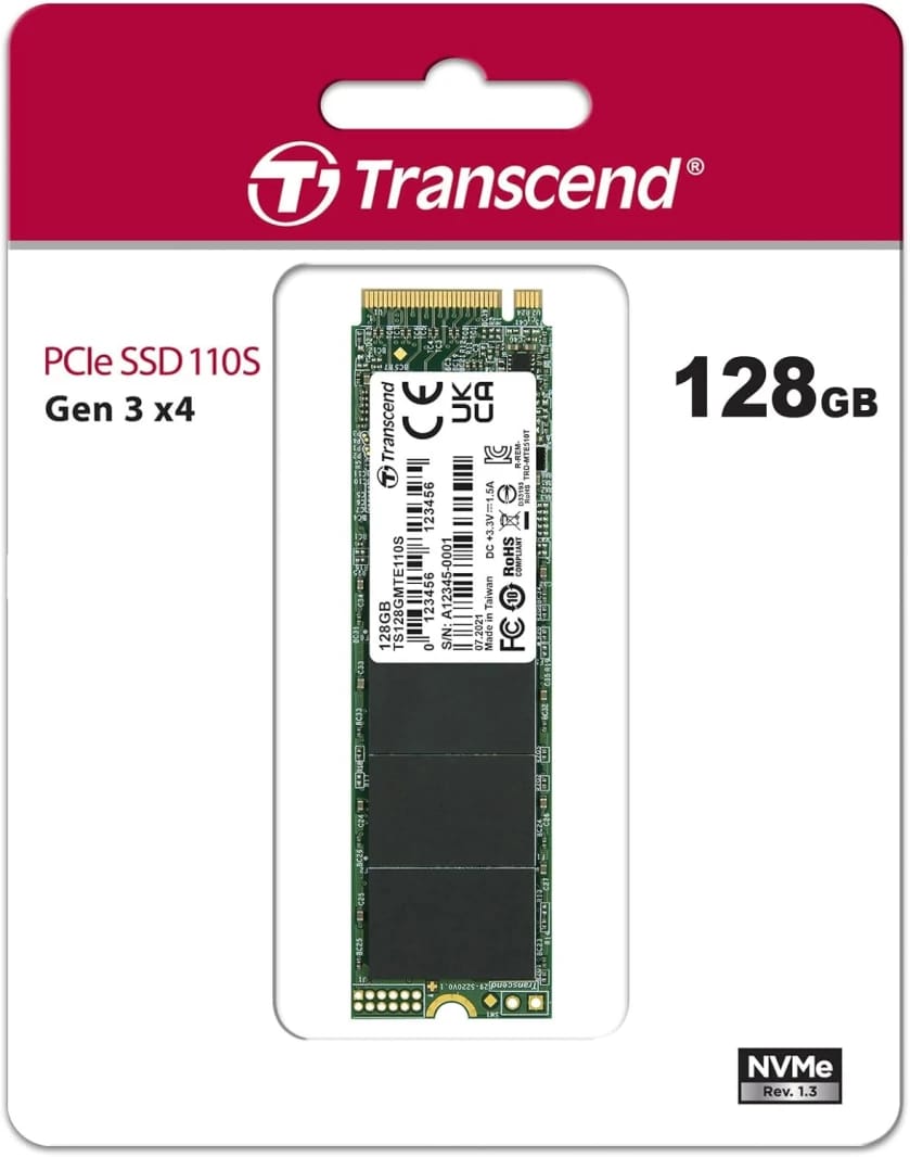 Transcend MTE110S 128GB M.2 2280 SSD, Up to 1,500 MB/s, PCIe NVMe Gen3x4, 3D TLC NAND Flash