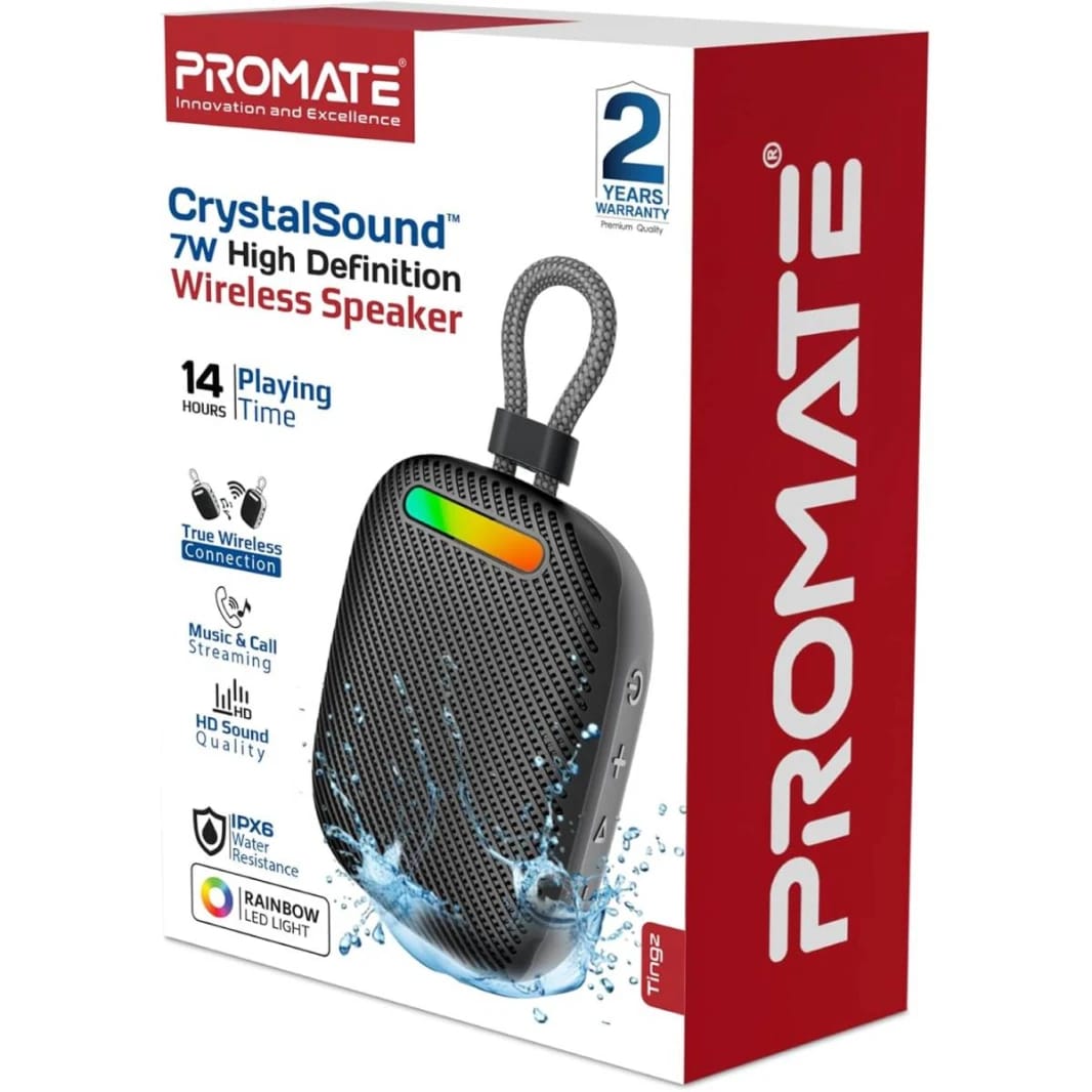 Promate Tingz CrystalSound Wireless Bluetooth 5.4 Speaker, 7W Loud Stereo Sound, RGB Light Modes, Waterproof IPX6, TWS Dual Pairing, TF/USB/AUX/FM, Built-in Mic, 1800mAh Battery, 10M Range Black