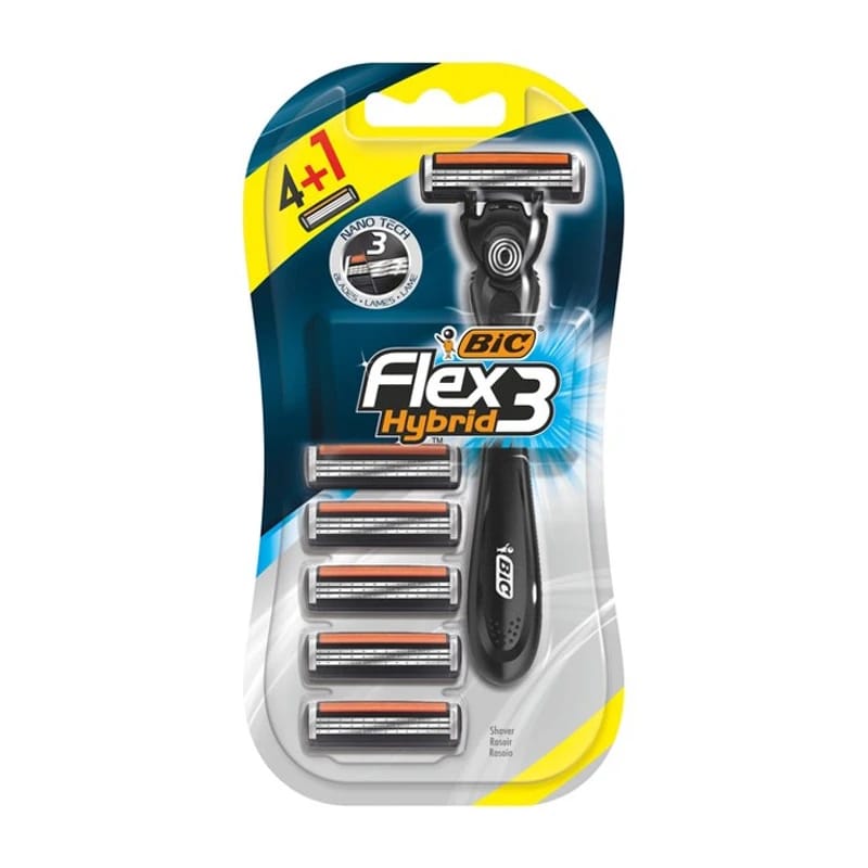 ماكينة حلاقة BIC Flex 3 Hybrid للرجال ذات 3 شفرات، مقبض واحد و5 خراطيش