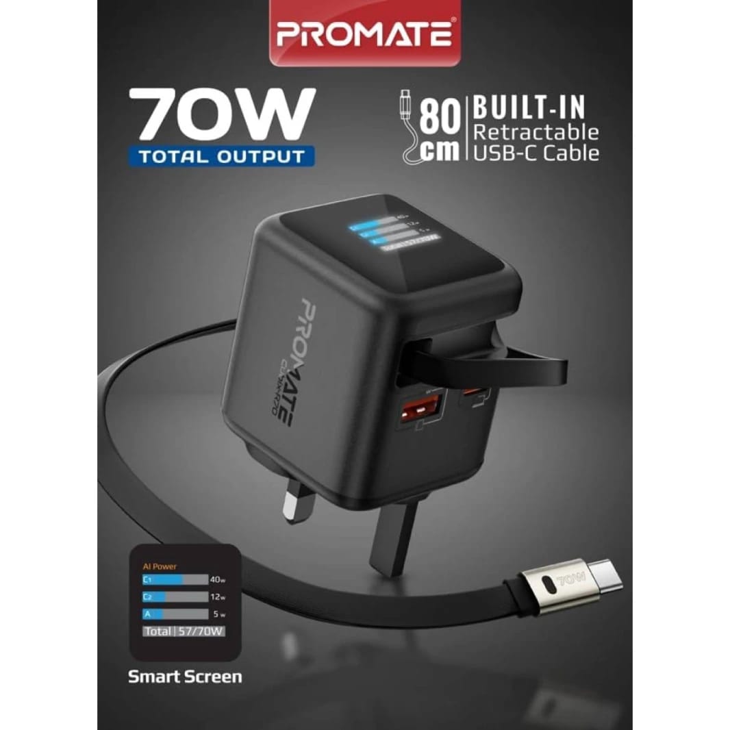 Promate Cubix-R70 70W GaNFast Charger with Retractable 80cm USB-C Cable