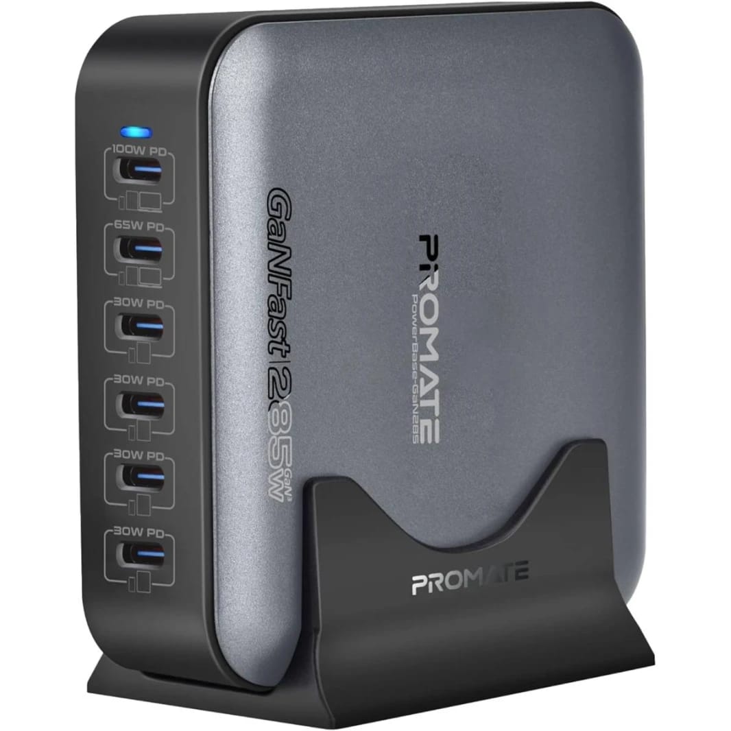 شاحن بروميت باور بيس GaN285 بقوة 285 واط، محطة شحن GaN بـ 6 منافذ USB-C مع PPS، منافذ 100 واط/65 واط/30 واط، حماية من الحرارة الزائدة، حامل وكابل بطول 1.5 متر لأجهزة ماك بوك وآيفون وجالاكسي