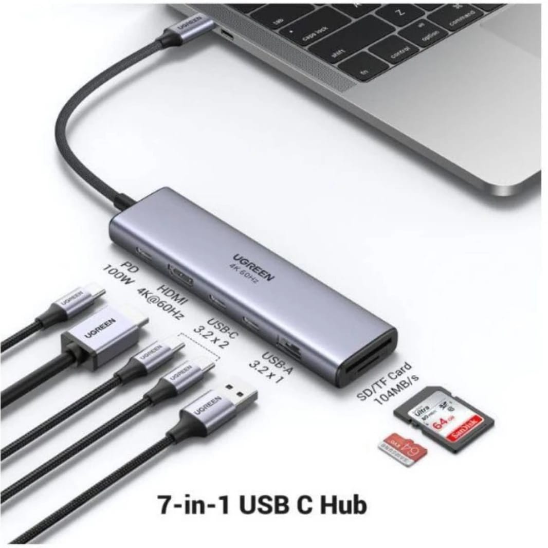 Ugreen 45521 7 in 1 USB-C Hub 4K HDMI Multiport Adapter with 100W PD, 2 USB-C 3.0, USB 3.2 and SD/TF Card Reader 104 mb/s